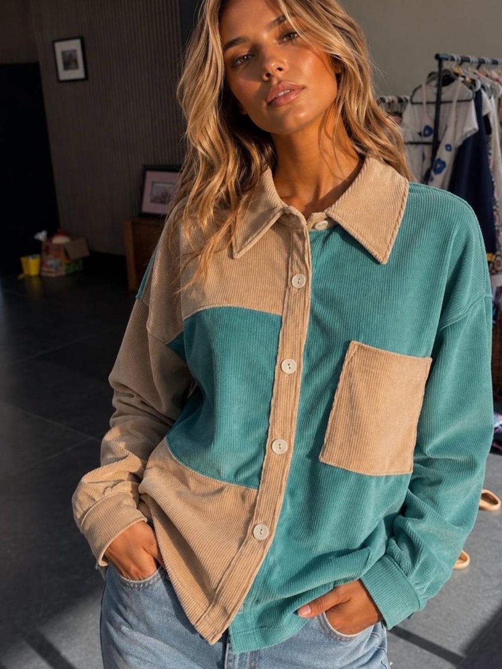 white birch Two-Tone Corduroy Button-Up Shirt in Teal and Beige